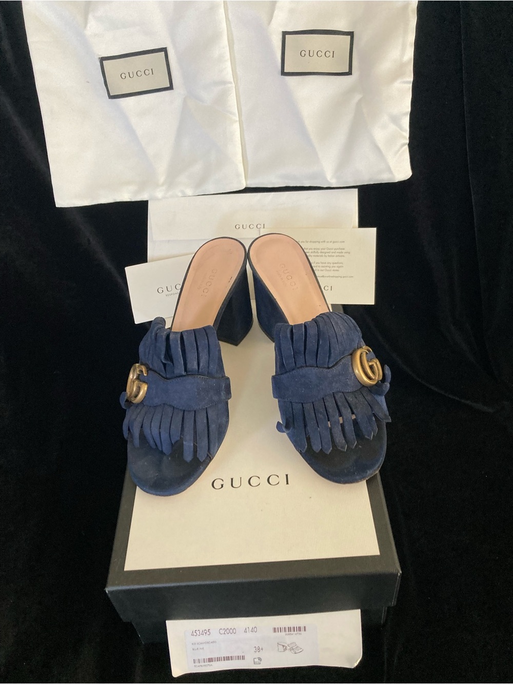 GUCCI Kid Scamosciato Blue Ink Suede GG Marmont Slip On Sandals 38.5 US 8-8.5
